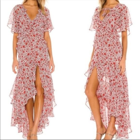 Misa Katarina Floral Printed Flutter Sleeve Ruffle Asymmetric Maxi Dress Red XS - Picture 1 of 11